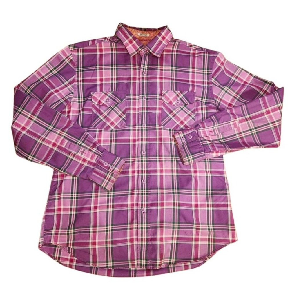 Bugatchi‎ Uomo Mens Purple Pink Plaid Long Sleeve Button Down Shirt Shaped Fit L